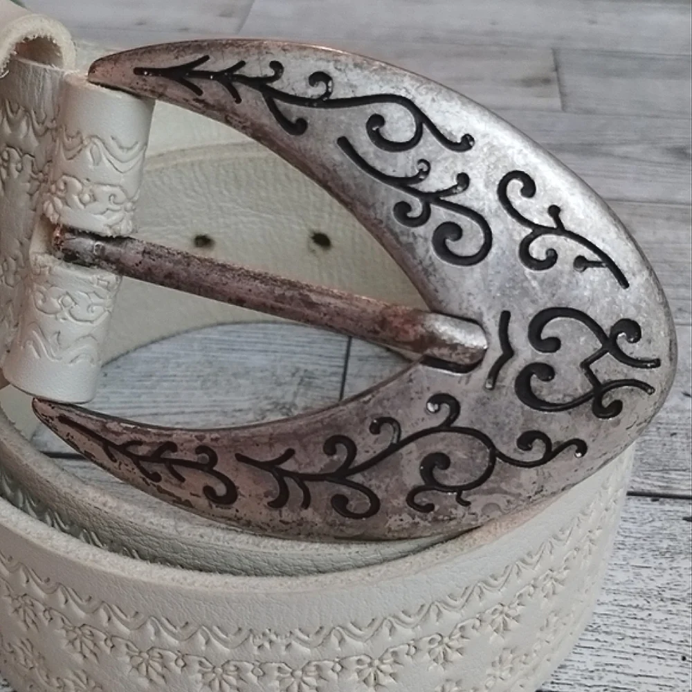 Fabio Corti Stamped Leather Cream Color Belt with Ornate Pewter Buckle #1863 M
